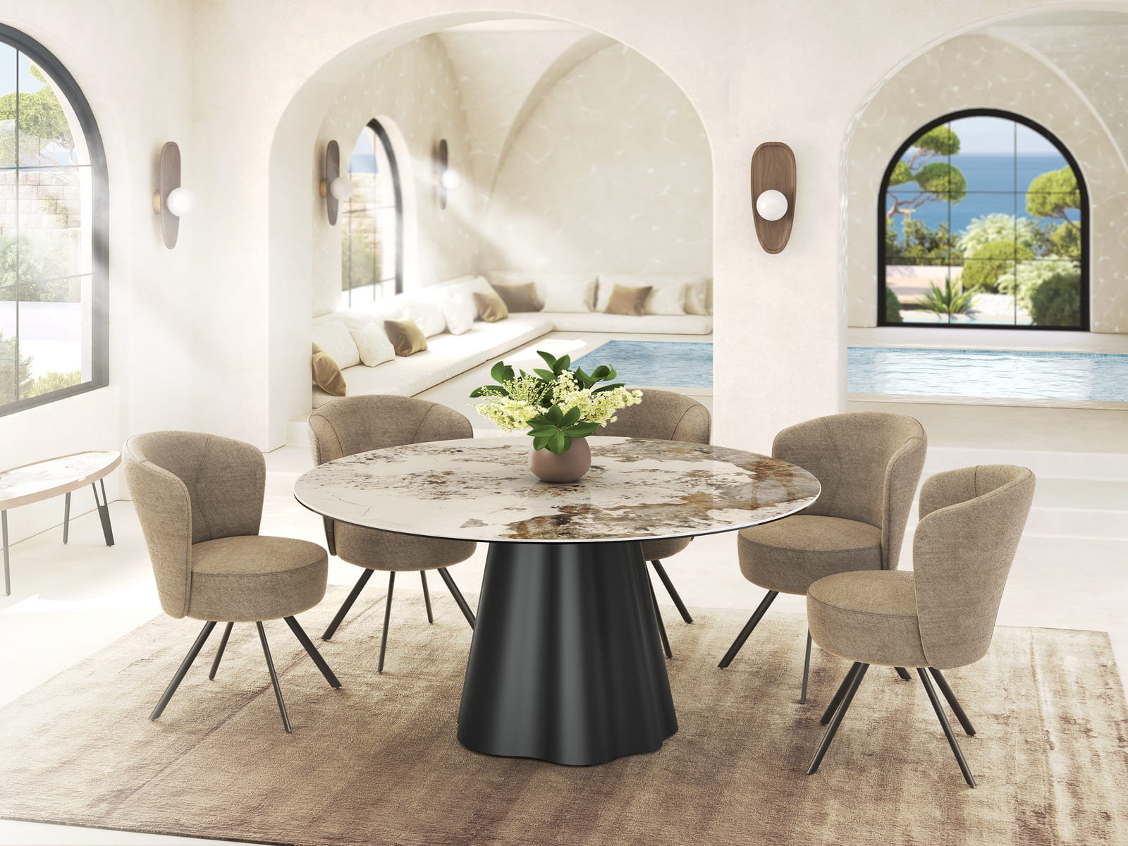 Table de repas PIANA Ø160 Céramique Marbre Calcatta